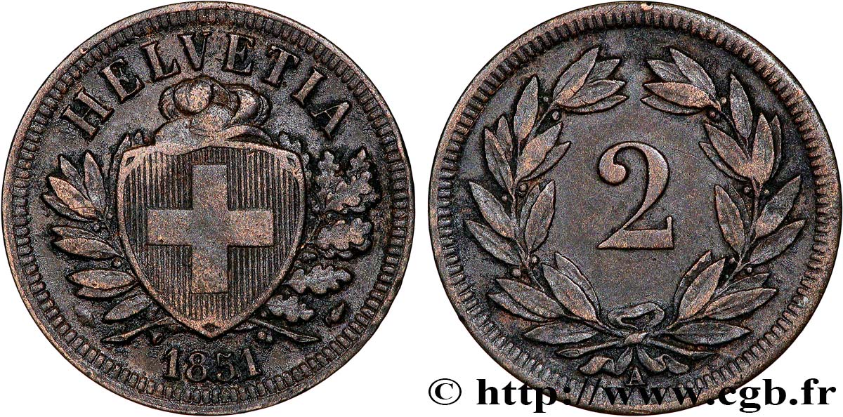 SWITZERLAND 2 Centimes (Rappen) croix suisse 1851 Paris XF 