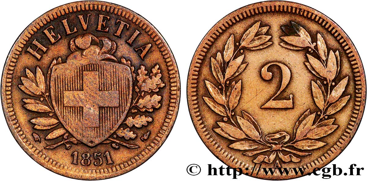 SCHWEIZ 2 Centimes (Rappen) croix suisse 1851 Paris SS 