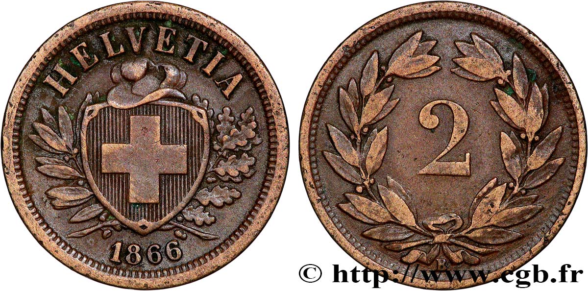 SWITZERLAND 2 Centimes (Rappen) croix suisse 1866 Berne XF 