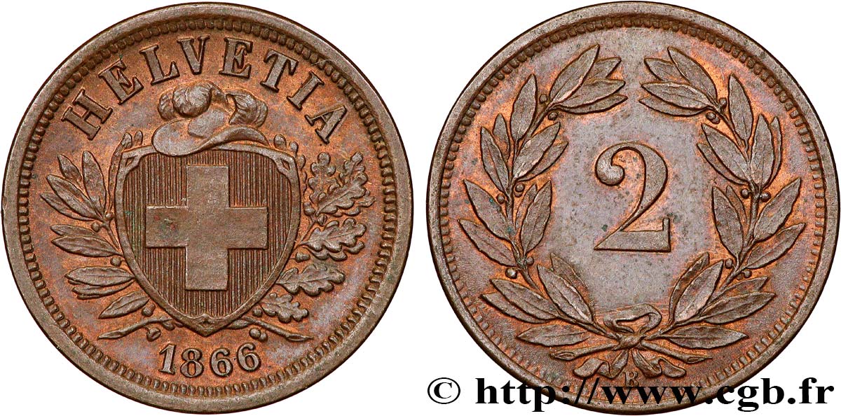 SCHWEIZ 2 Centimes (Rappen) croix suisse 1866 Berne fST 