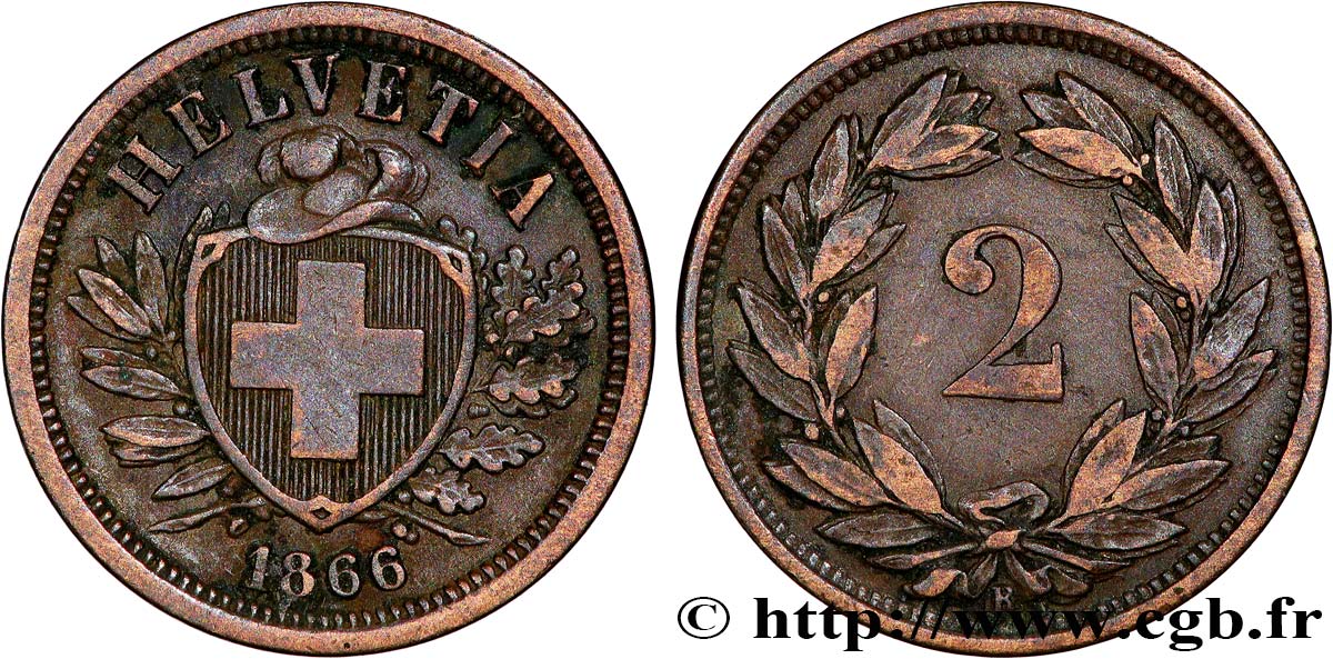 SUISSE 2 Centimes (Rappen) croix suisse 1866 Berne TTB+ 