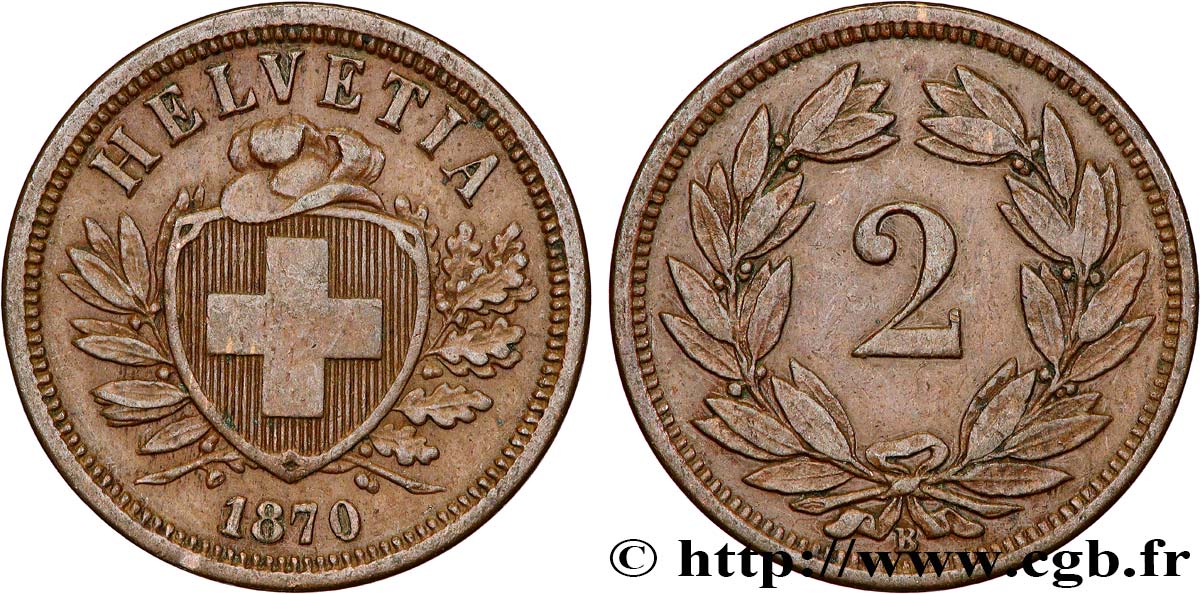 SWITZERLAND 2 Centimes (Rappen) 1870 Berne AU 