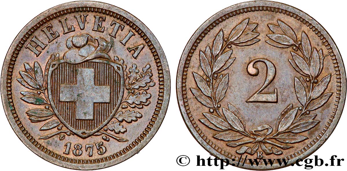 SCHWEIZ 2 Centimes (Rappen) croix suisse 1875 Berne - B VZ 