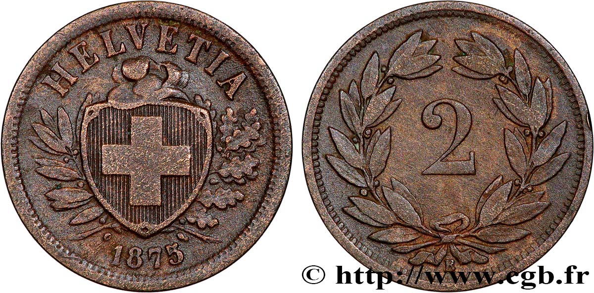 SWITZERLAND 2 Centimes (Rappen) croix suisse 1875 Berne - B XF 