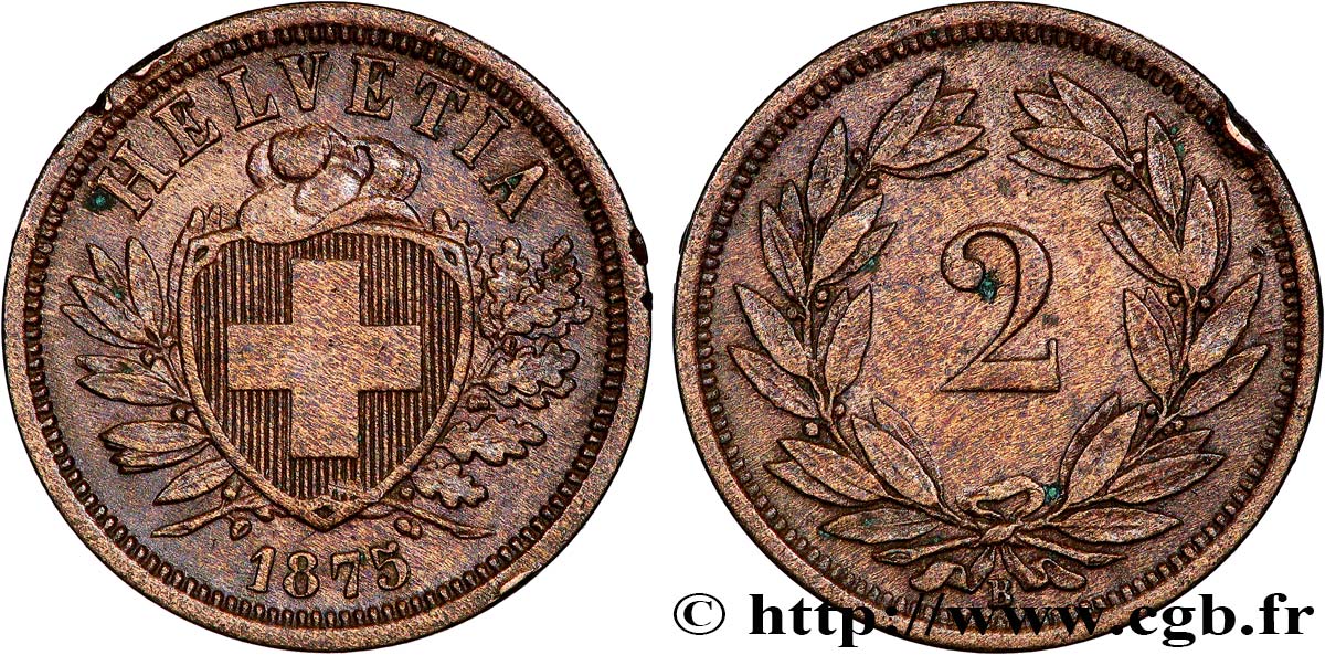 SUISSE 2 Centimes (Rappen) croix suisse 1875 Berne - B TTB+ 