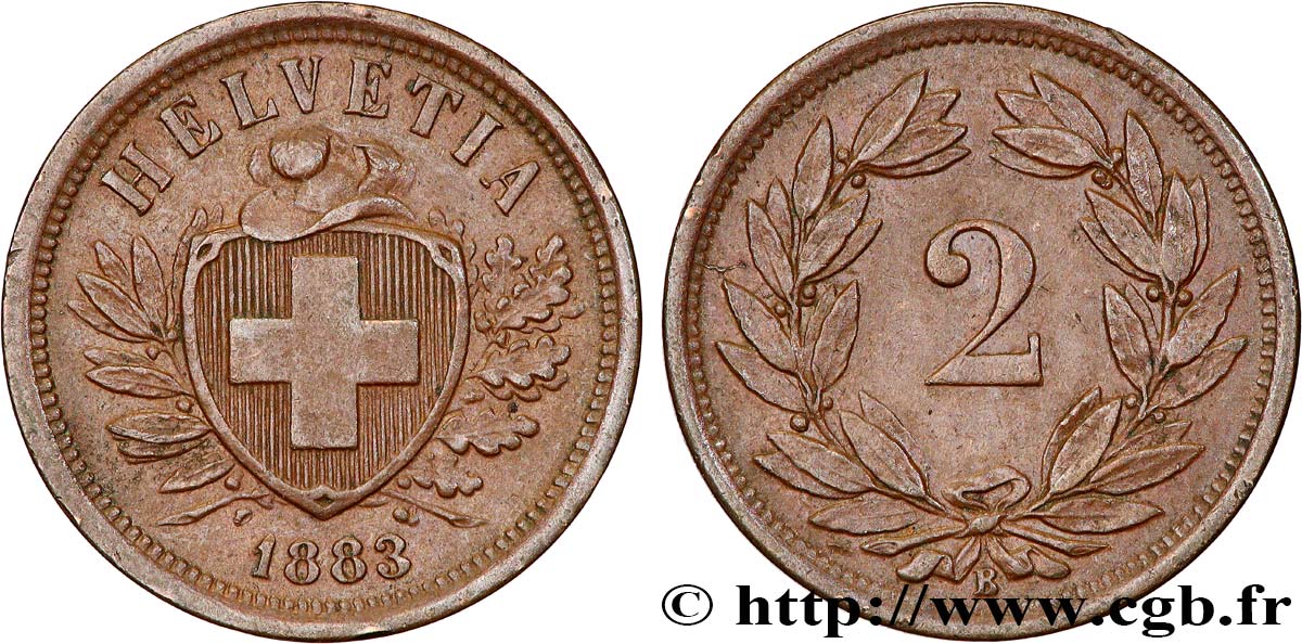 SCHWEIZ 2 Centimes (Rappen) croix suisse 1883 Berne - B fVZ 