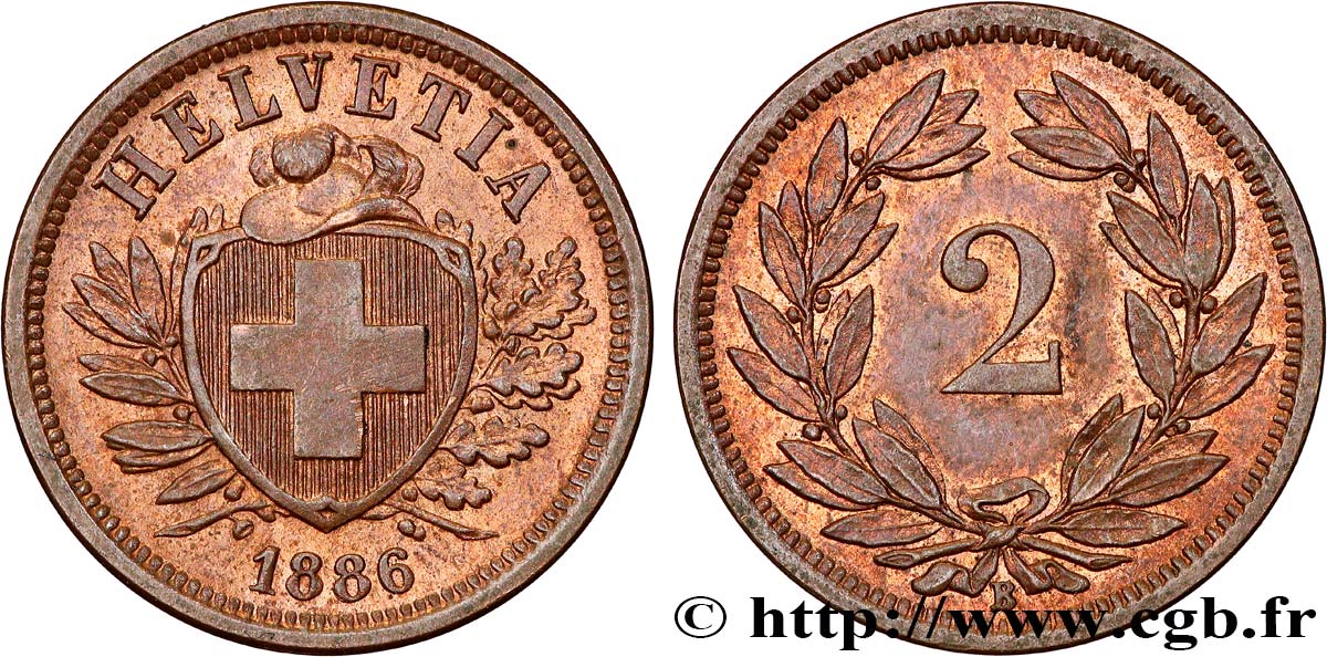 SCHWEIZ 2 Centimes (Rappen) croix suisse 1886 Berne - B fST 