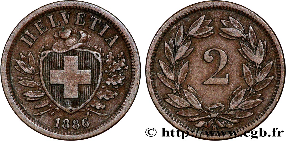 SUISSE 2 Centimes (Rappen) croix suisse 1886 Berne - B TTB+ 