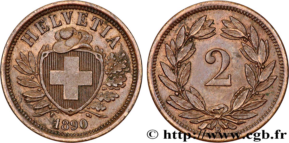SCHWEIZ 2 Centimes (Rappen) croix suisse 1890 Berne - B fST 