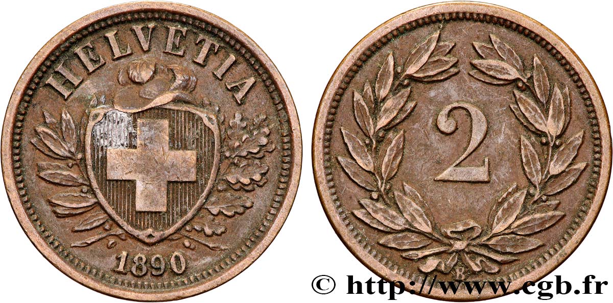 SWITZERLAND 2 Centimes (Rappen) croix suisse 1890 Berne - B AU 
