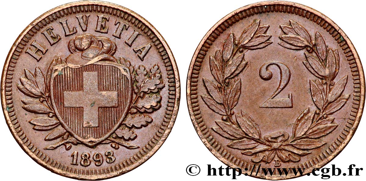 SWITZERLAND 2 Centimes 1893 Berne  AU 