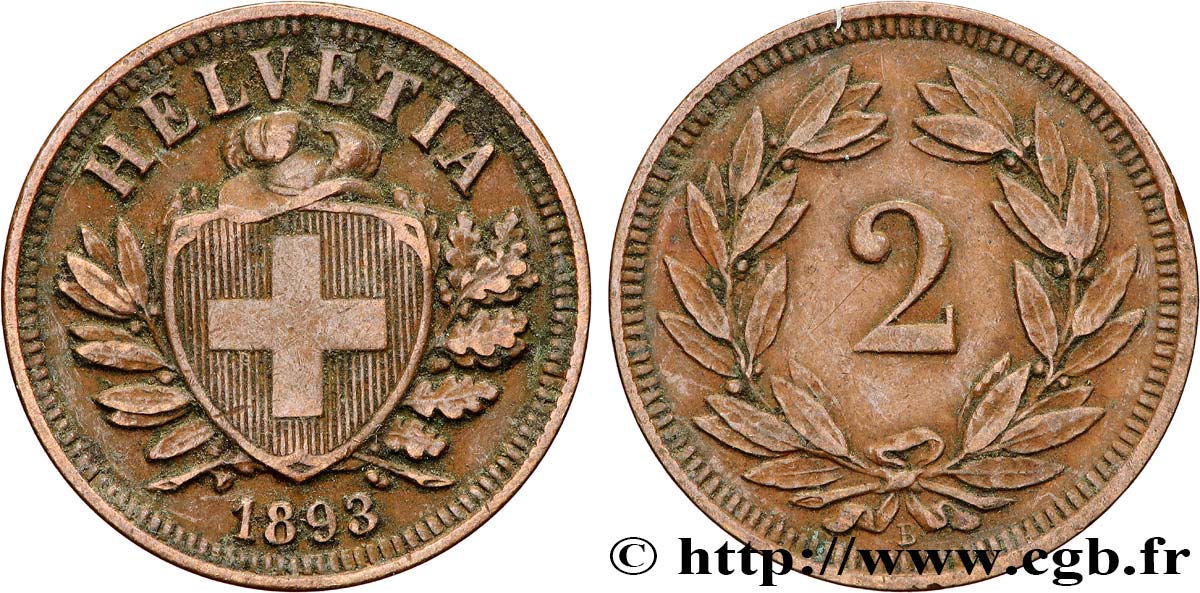 SUISSE 2 Centimes 1893 Berne  TTB+ 
