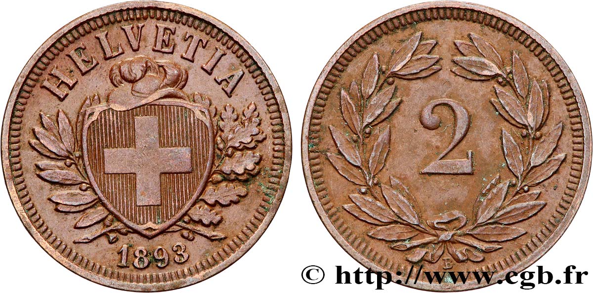 SWITZERLAND 2 Centimes 1893 Berne  AU 