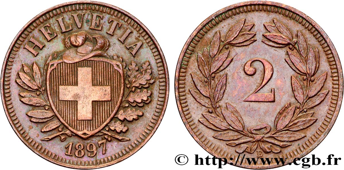 SWITZERLAND 2 Centimes 1897 Berne  AU 