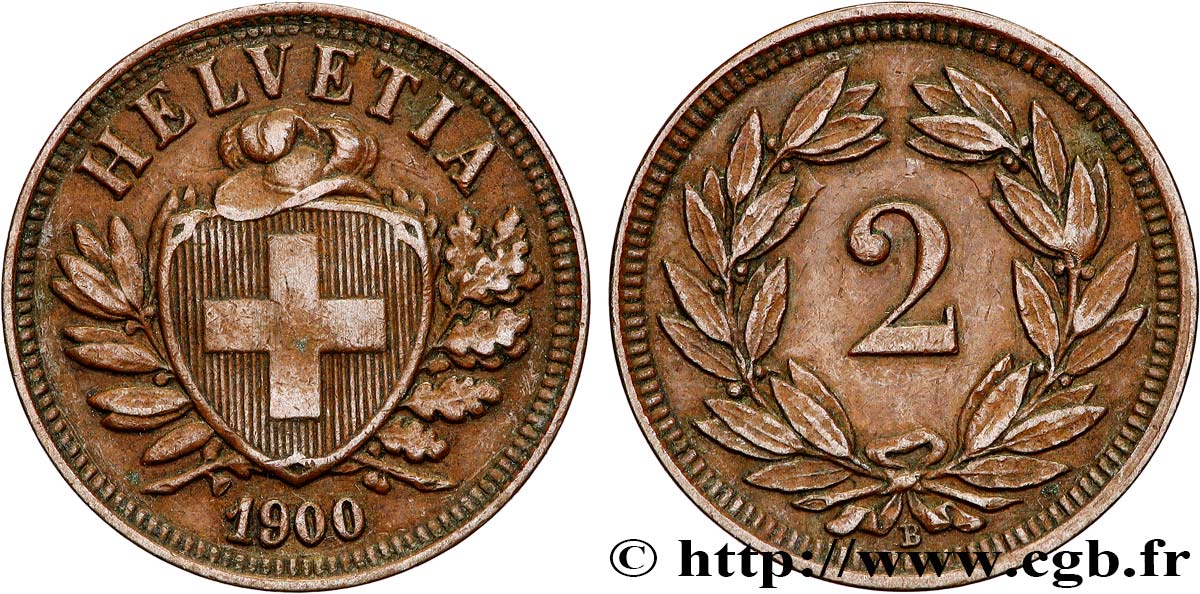 SUISSE 2 Centimes (Rappen) croix suisse 1900 Berne - B TTB+ 