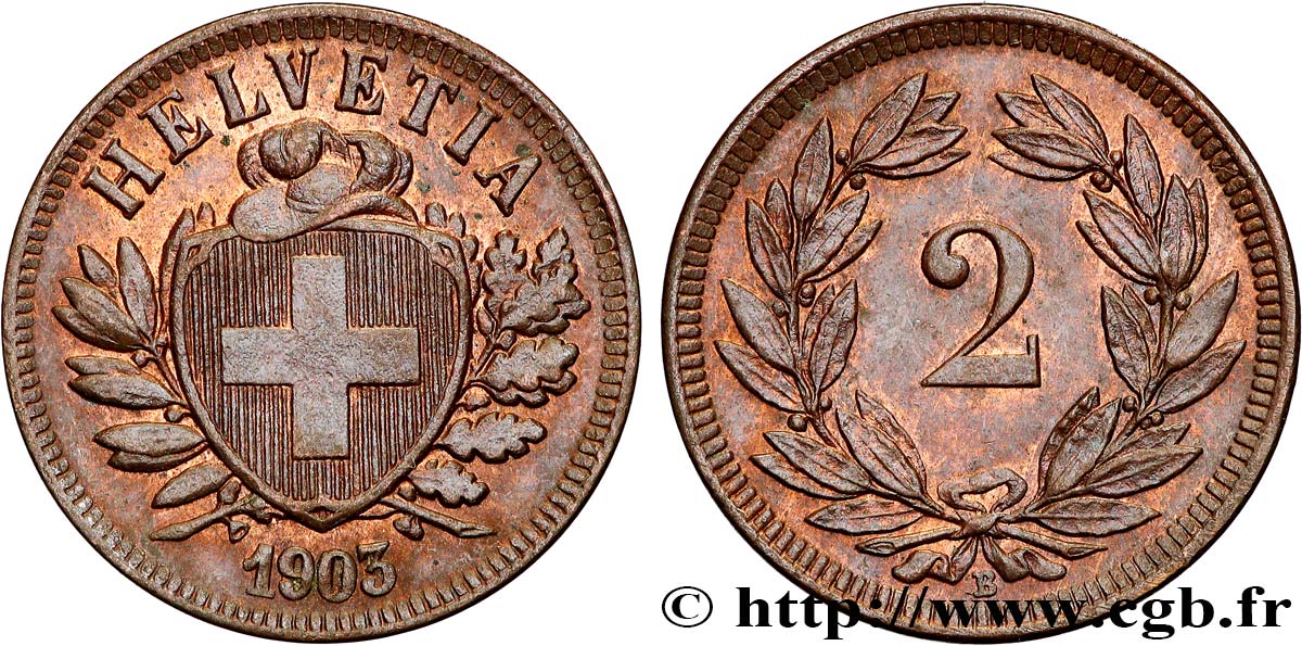 SUISSE 2 Centimes (Rappen) croix suisse 1903 Berne - B SUP 