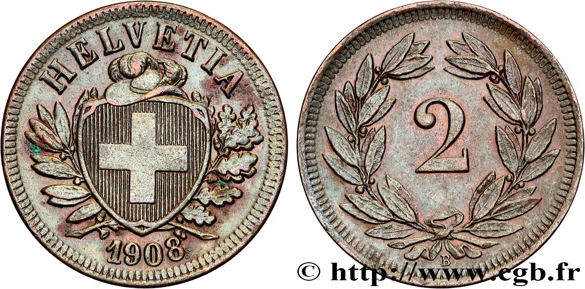 SWITZERLAND 2 Centimes 1908 Berne AU 