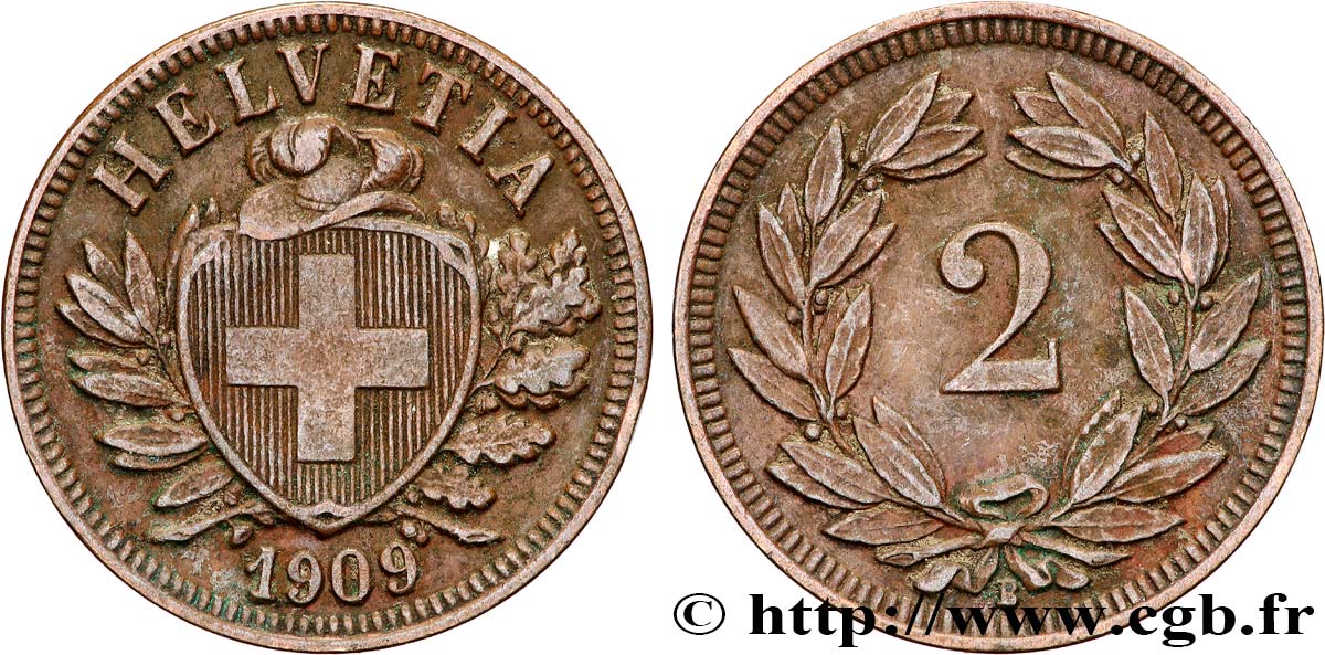 SCHWEIZ 2 Centimes (Rappen) croix suisse 1909 Berne fVZ 