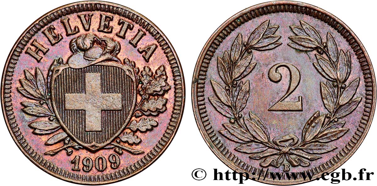 SVIZZERA  2 Centimes (Rappen) croix suisse 1909 Berne SPL 