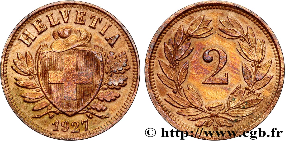 SUISSE 2 Centimes (Rappen) croix suisse 1927 Berne - B SUP 