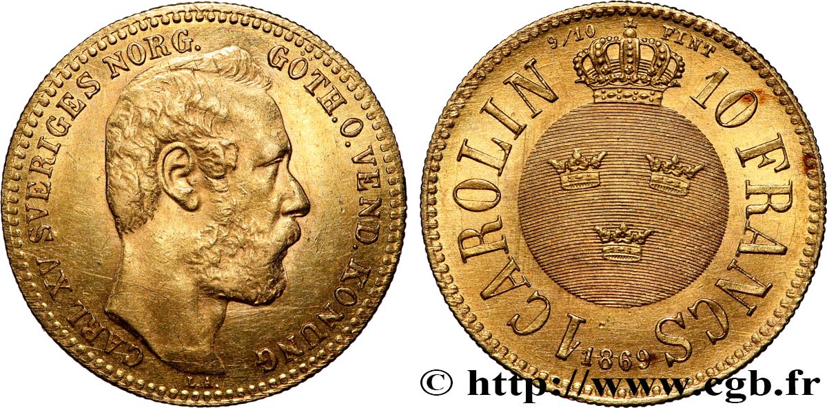 SUÈDE 1 Carolin ou 10 Francs or Charles XV 1869  TTB+ 