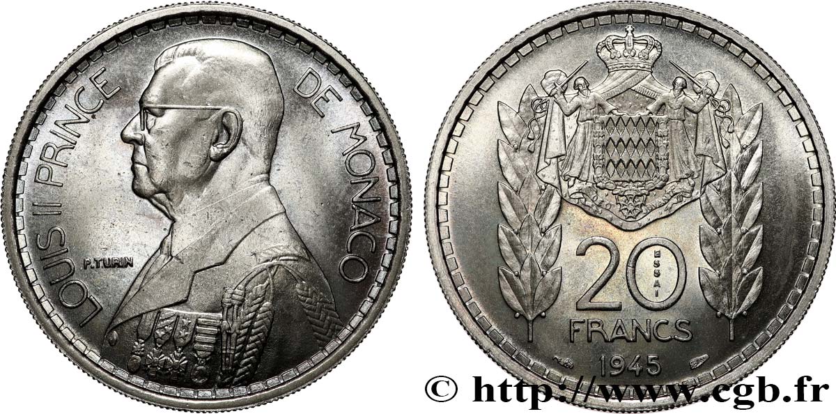 MONACO Essai de 20 Francs Turin Louis II 1945 Paris SC 