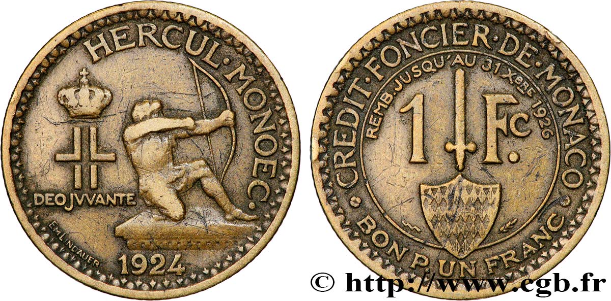 MONACO 1 Franc émission du Crédit Foncier de Monaco 1924 Poissy TB+ 