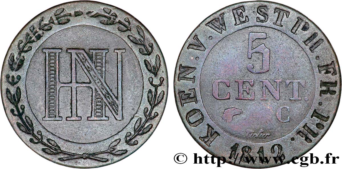 GERMANY - KINGDOM OF WESTPHALIA 5 Centimes Jérôme Napoléon 1812 Cassel XF 