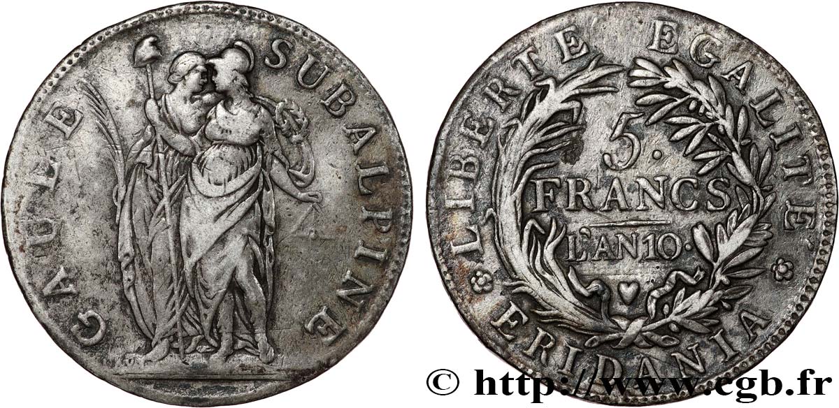 ITALIA - GALLIA SUBALPINA 5 Francs an 10 1802 Turin MBC 