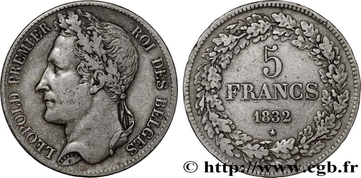 BELGIQUE - ROYAUME DE BELGIQUE - LÉOPOLD Ier 5 Francs tête laurée 1832 Bruxelles BB 