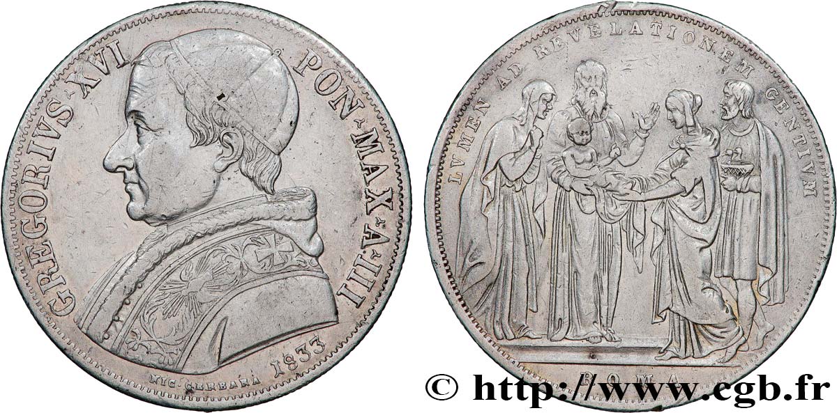 ITALIA - STATO PONTIFICIO - GRÉGOIRE XVI (Bartolomeo Alberto Cappellari) Scudo an III 1833 Rome q.SPL 