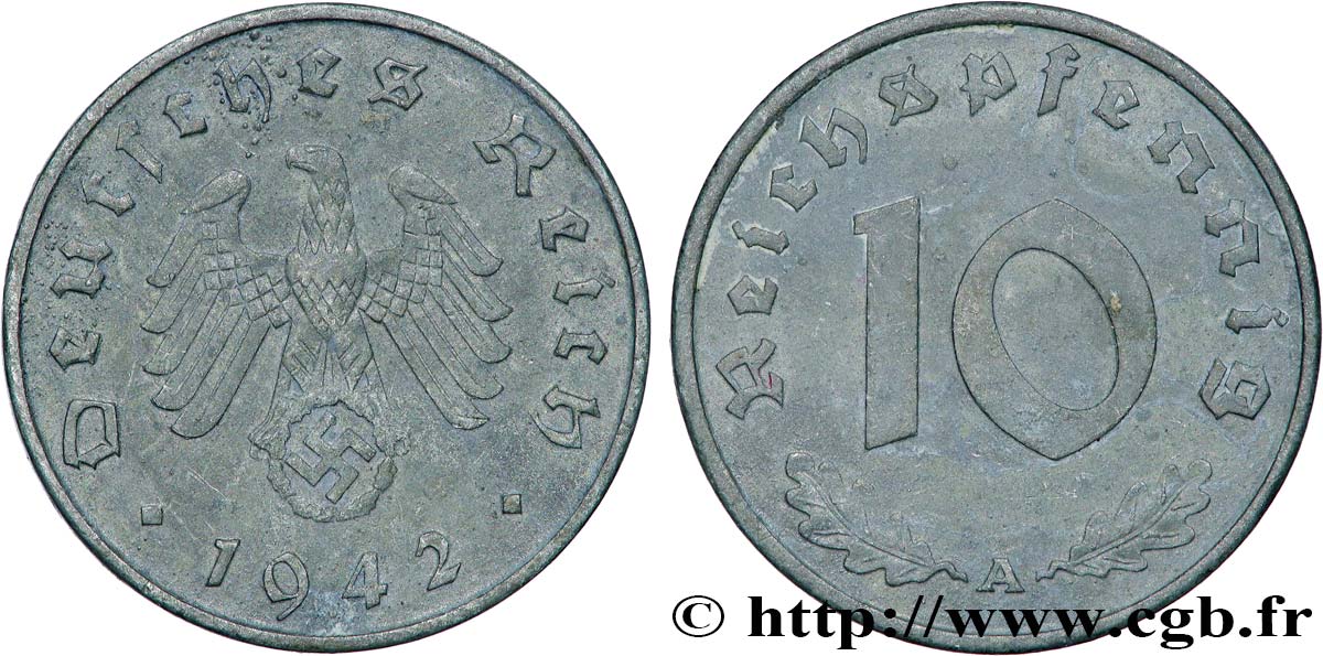 DEUTSCHLAND 10 Reichspfennig aigle surmontant une swastika 1942 Berlin SS 
