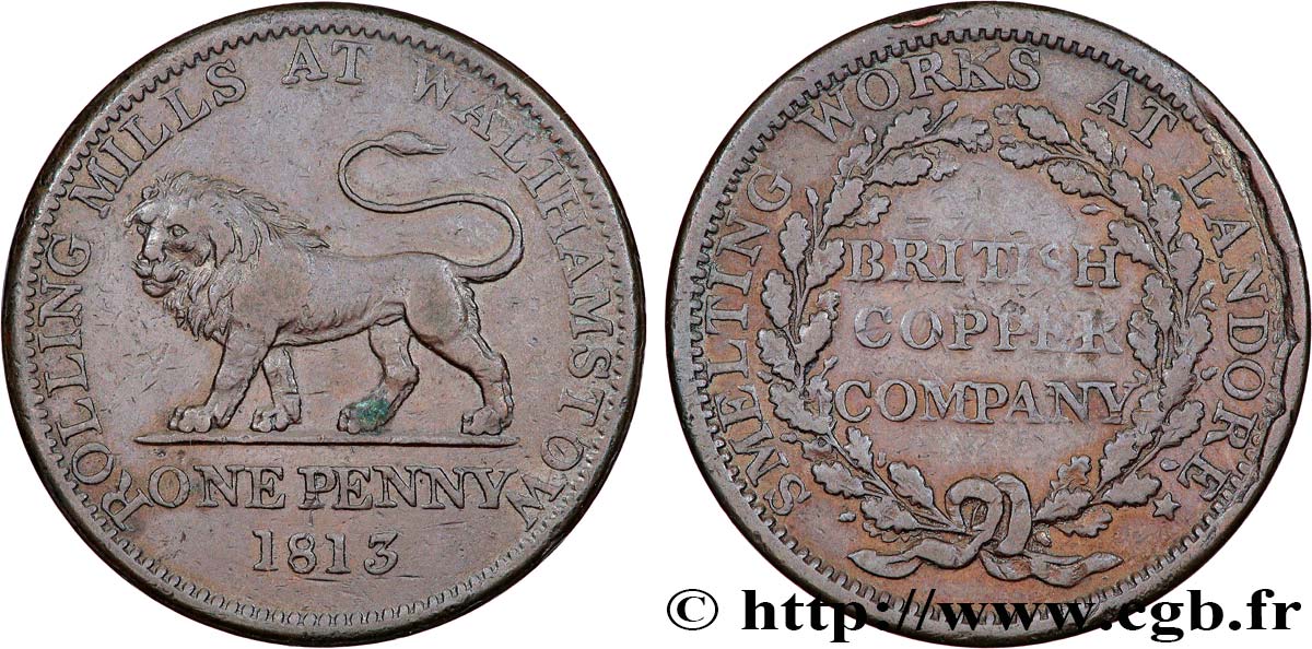 BRITISH TOKENS OR JETTONS 1 Penny British Copper Company - laminoirs de Walthamston 1813  XF 