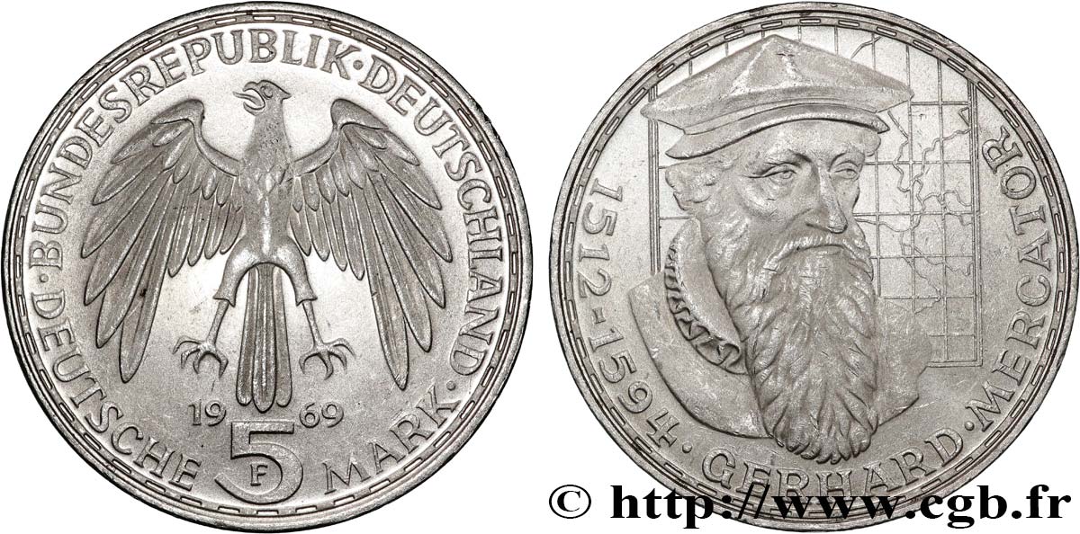 GERMANY 5 Mark Gerhard Mercator Proof 1969 Stuttgart MS 