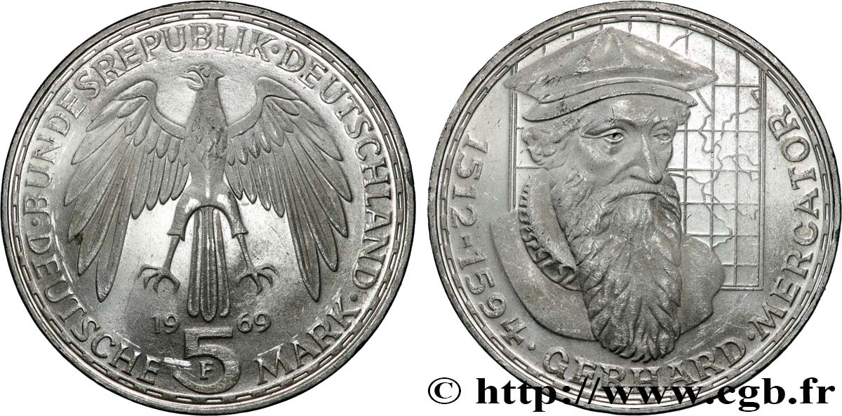 GERMANY 5 Mark Gerhard Mercator Proof 1969 Stuttgart MS 
