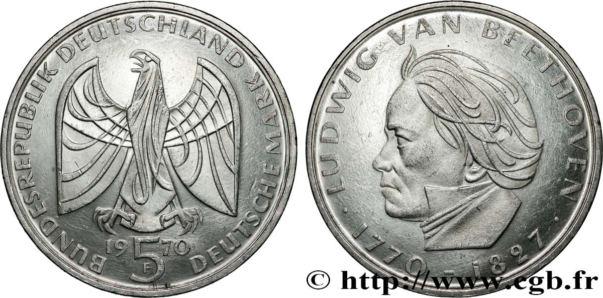 ALLEMAGNE 5 Mark Proof 200e anniversaire de la naissance de Beethoven 1970 Stuttgart  SPL 