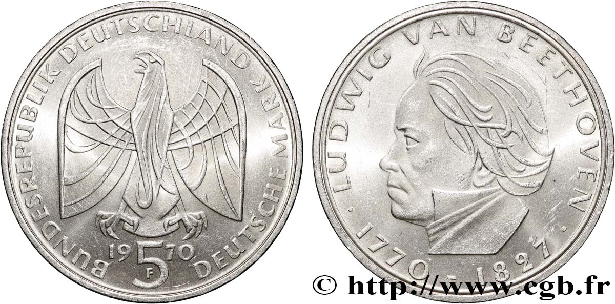 ALLEMAGNE 5 Mark Proof 200e anniversaire de la naissance de Beethoven 1970 Stuttgart  SPL 