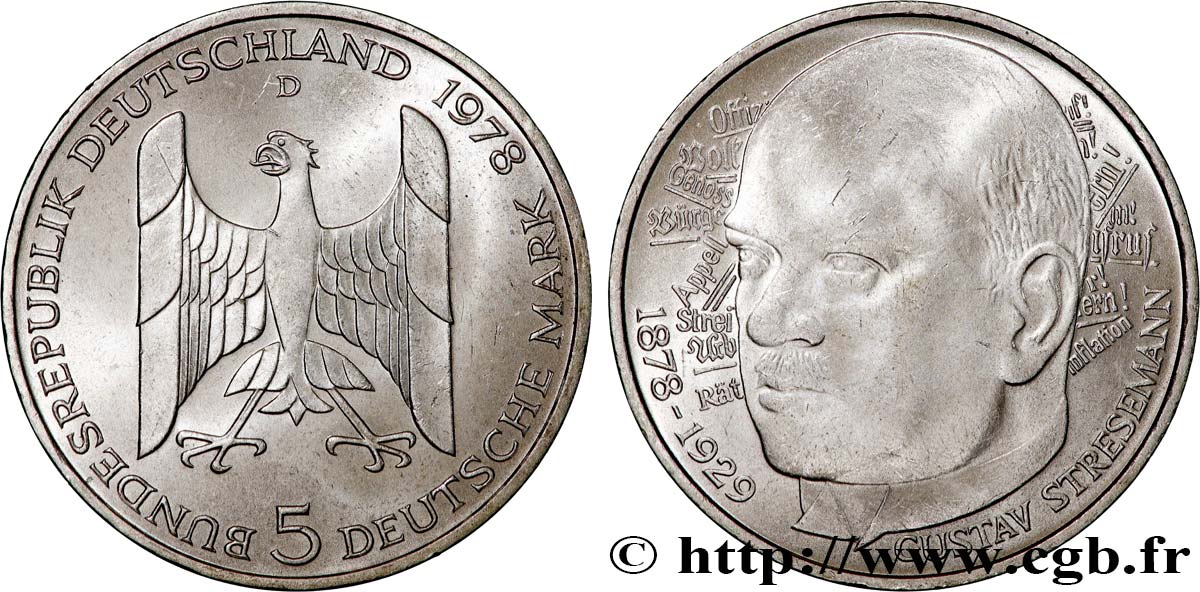 DEUTSCHLAND 5 Mark Proof Gustav Stresemann 1978 Munich fST 