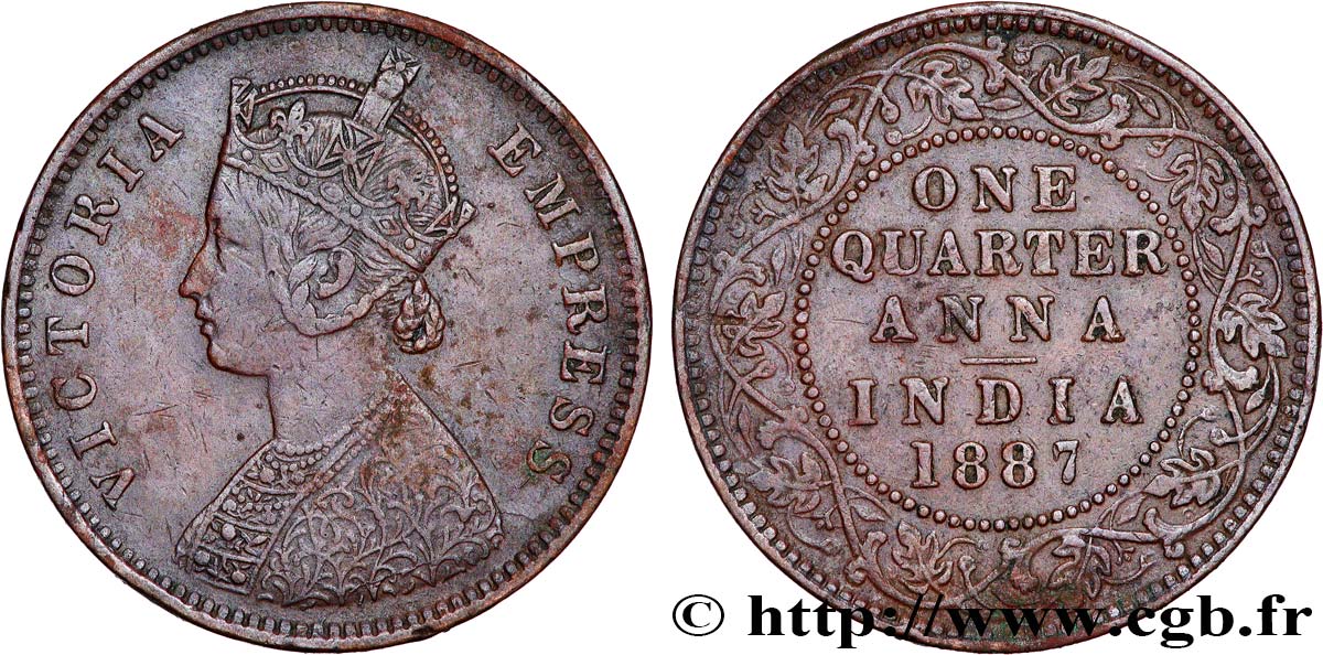 BRITISH INDIA 1/4 Anna Victoria 1887 Bombay VF 