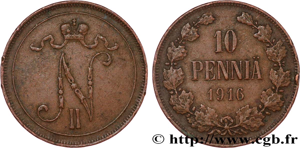 FINLAND 10 Pennia monogramme Tsar Nicolas II 1916  XF 