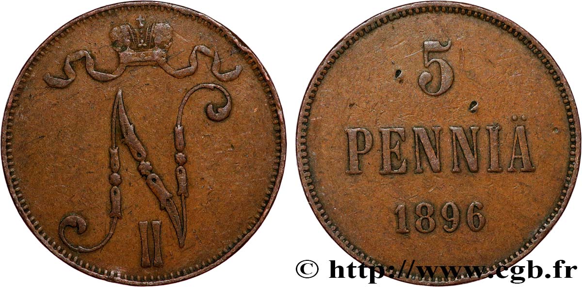 FINLANDE 5 Pennia monogramme Tsar Nicolas II 1896  TTB 