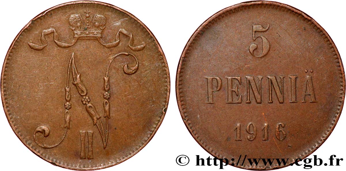 FINLANDE 5 Pennia monogramme Tsar Nicolas II 1916  TTB 