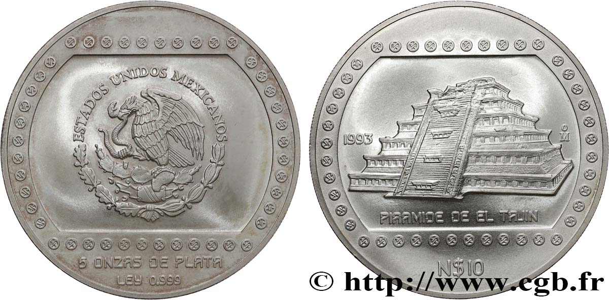 MEXIQUE 10 Nuevos Pesos (5 onces) aigle / pyramide de la ville Totonaque de El Tajin 1993 Mexico SUP 