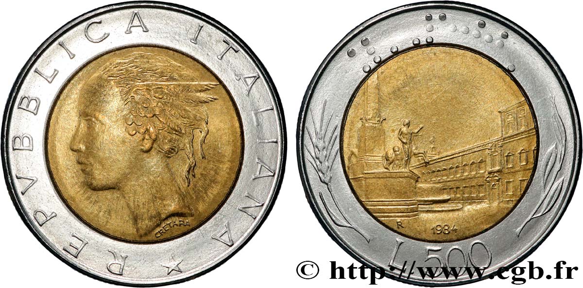 ITALIE 500 Lire tête de femme représentant la République / Place et Palais du Quirinal à Rome 1984 Rome - R SUP 