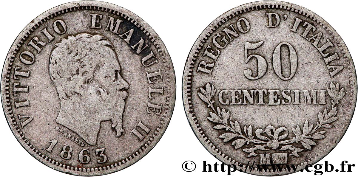 ITALIE 50 Centesimi Victor Emmanuel II 1863 Milan TB 