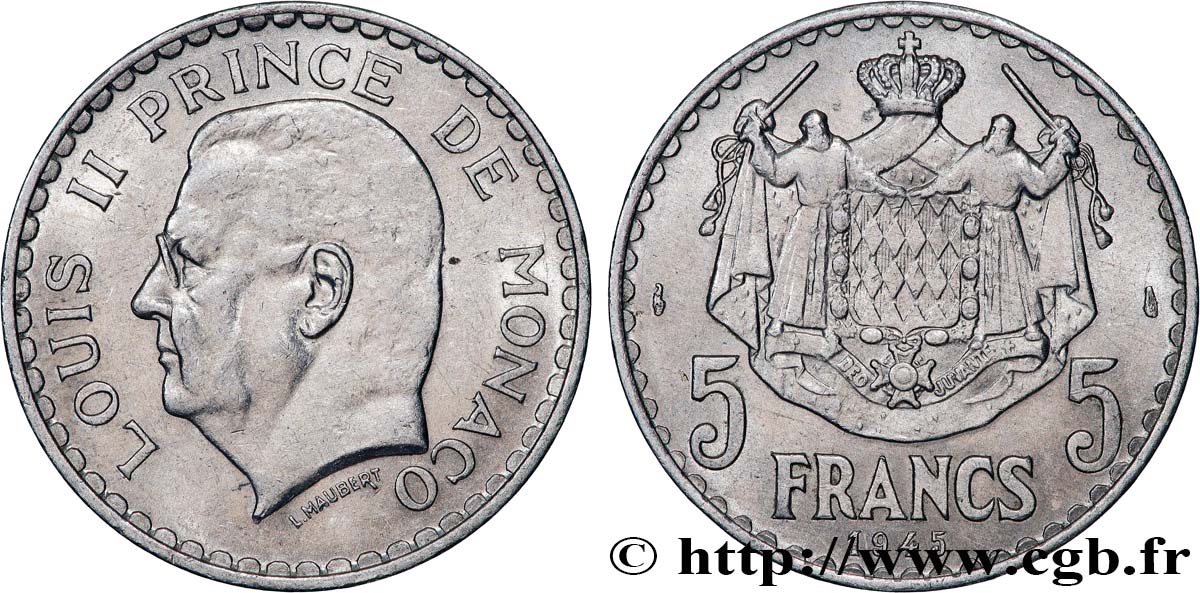 MONACO 5 Francs Louis II 1945 Paris TTB+ 
