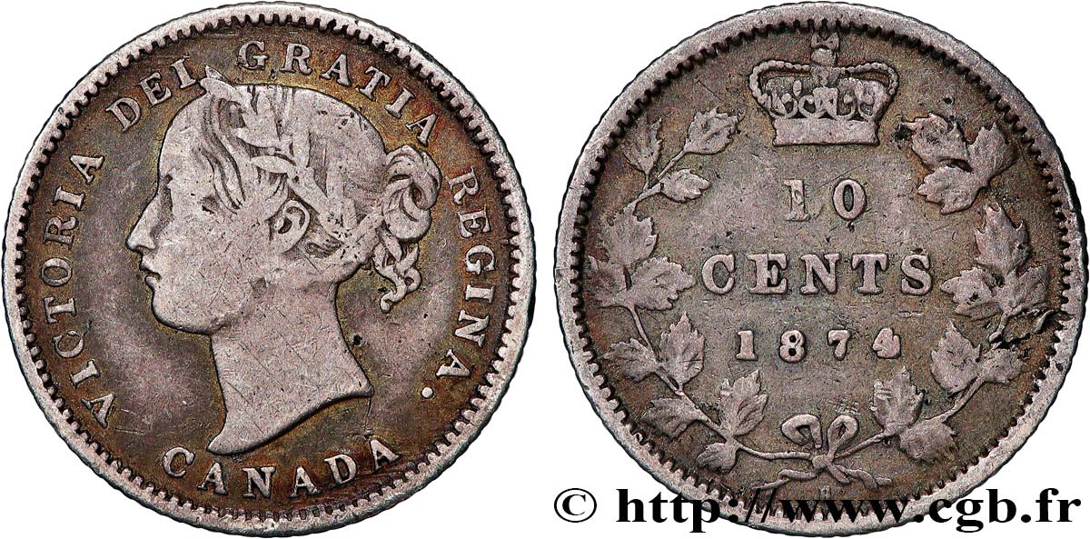 CANADA 10 Cents Victoria 1874 Heaton TB 