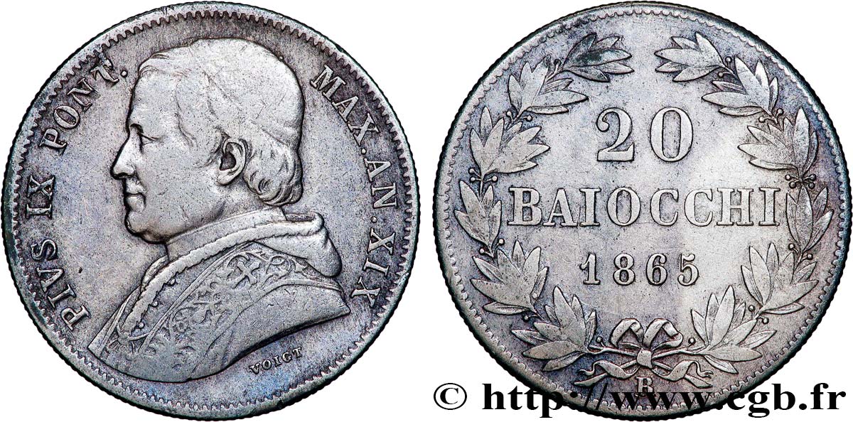 VATICAN ET ÉTATS PONTIFICAUX 20 Baiocchi Pie IX an XX 1865 Rome TB+ 