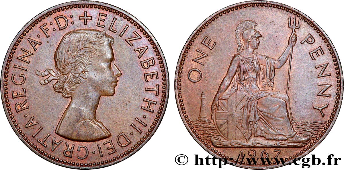 ROYAUME-UNI 1 Penny Elisabeth II 1967  TTB+ 