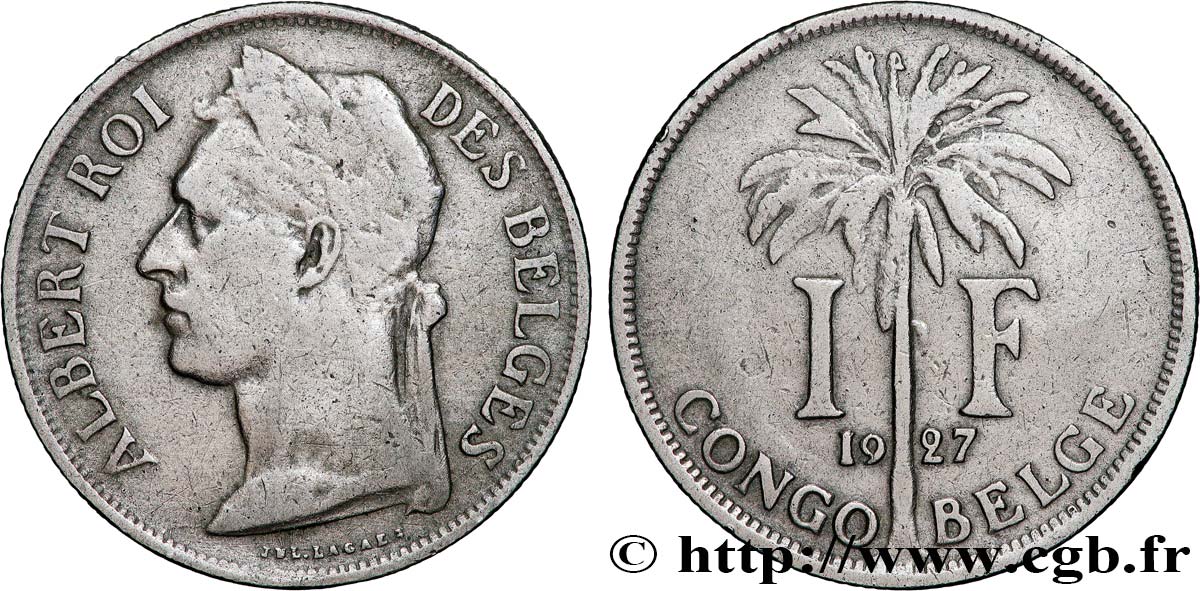 CONGO BELGE 1 Franc roi Albert légende française 1927  TB 